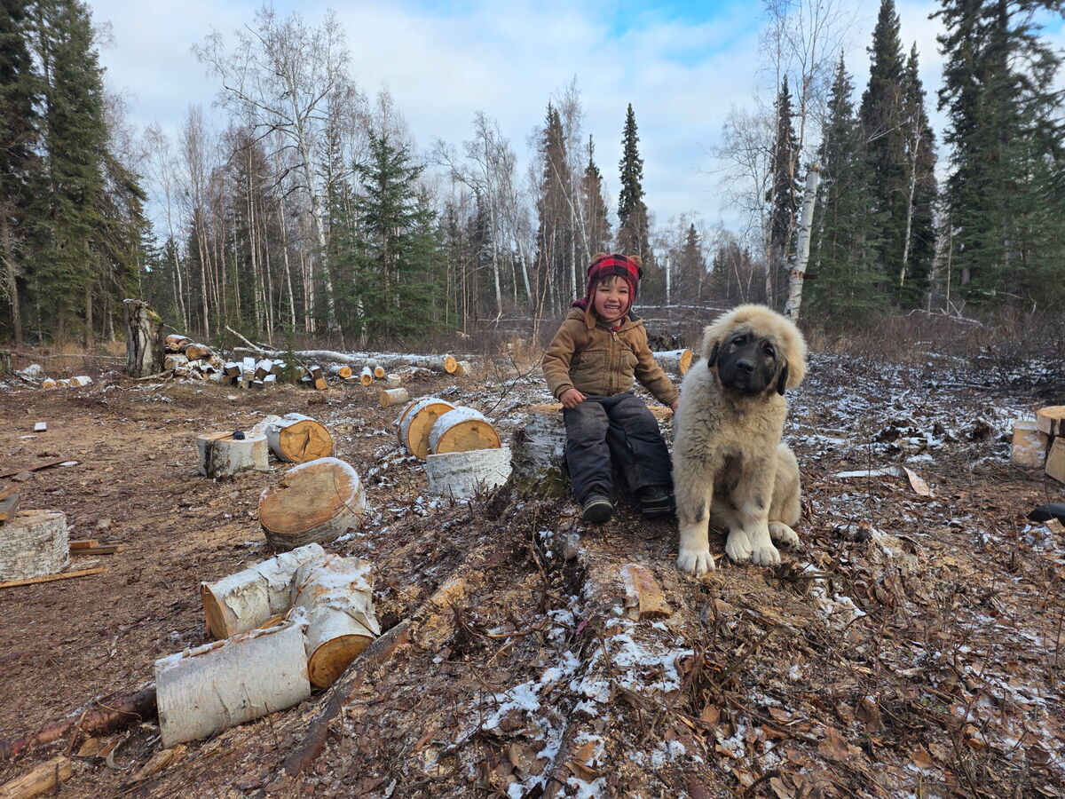 The mother as a puppy outdoors in winter with a child